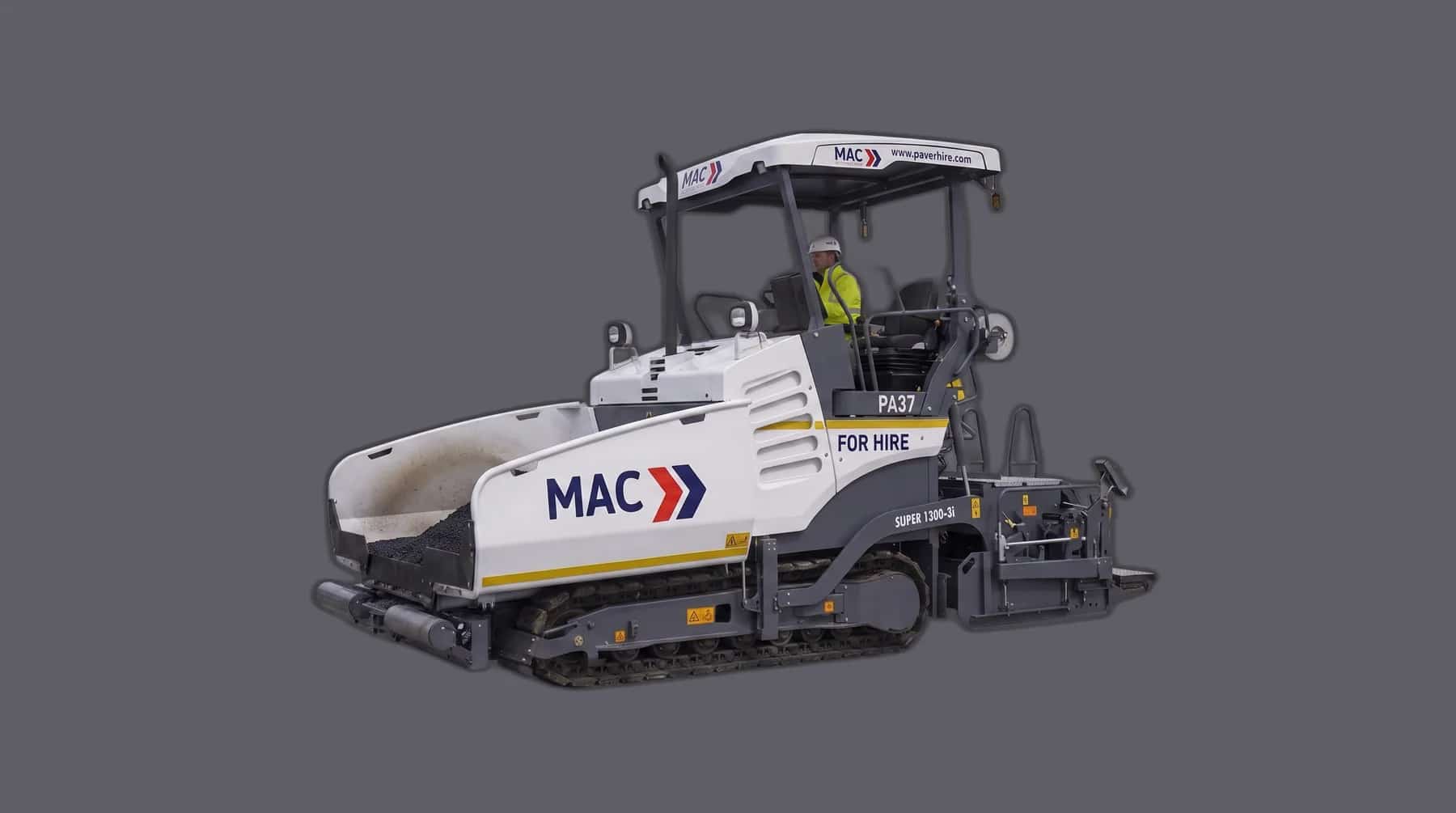 MAC VÖGELE SUPER 1300-3i tracked midi paver in hire livery - illustrated product view