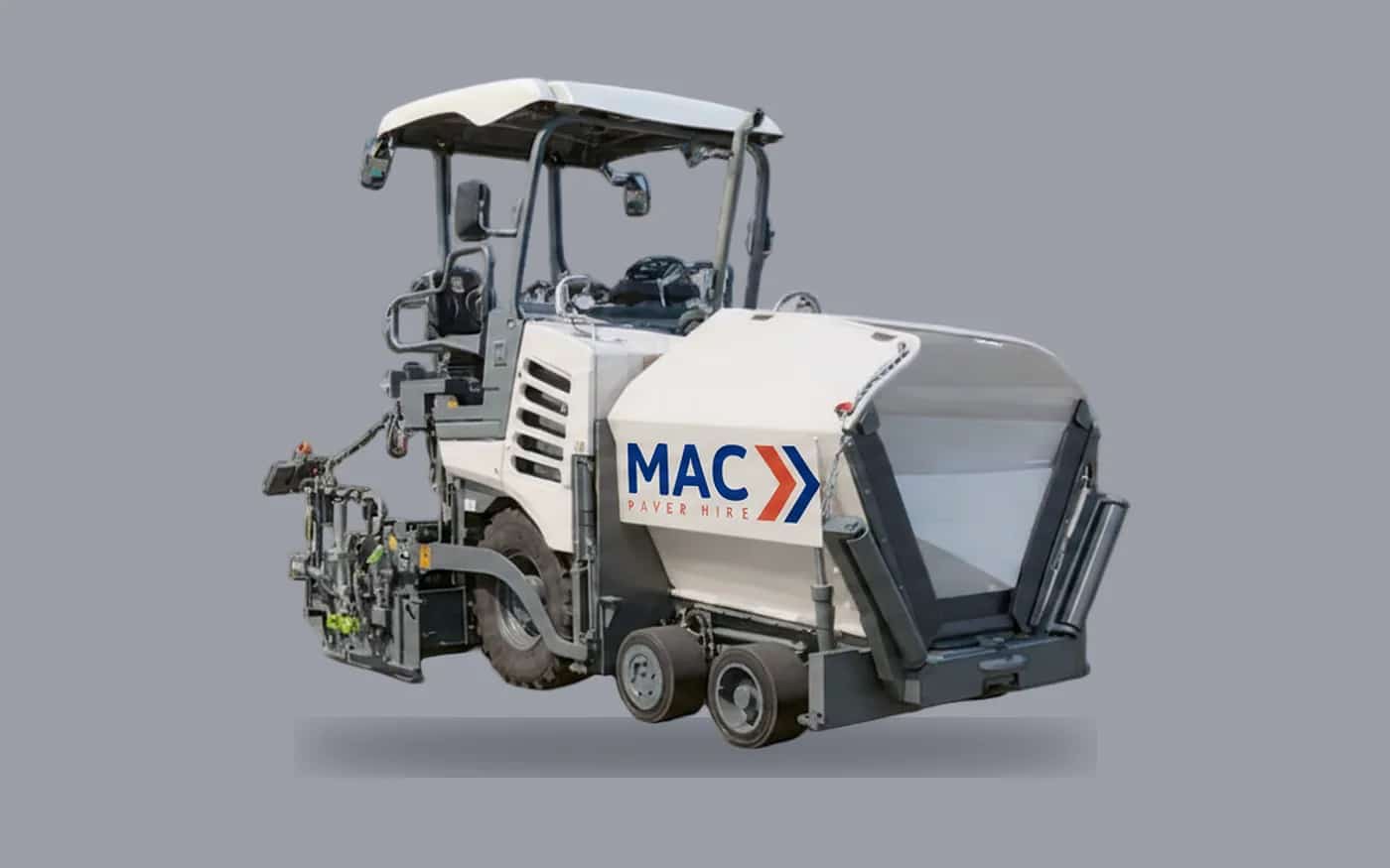 MAC VÖGELE SUPER 1303-3i wheeled midi paver in hire livery - illustrated product view