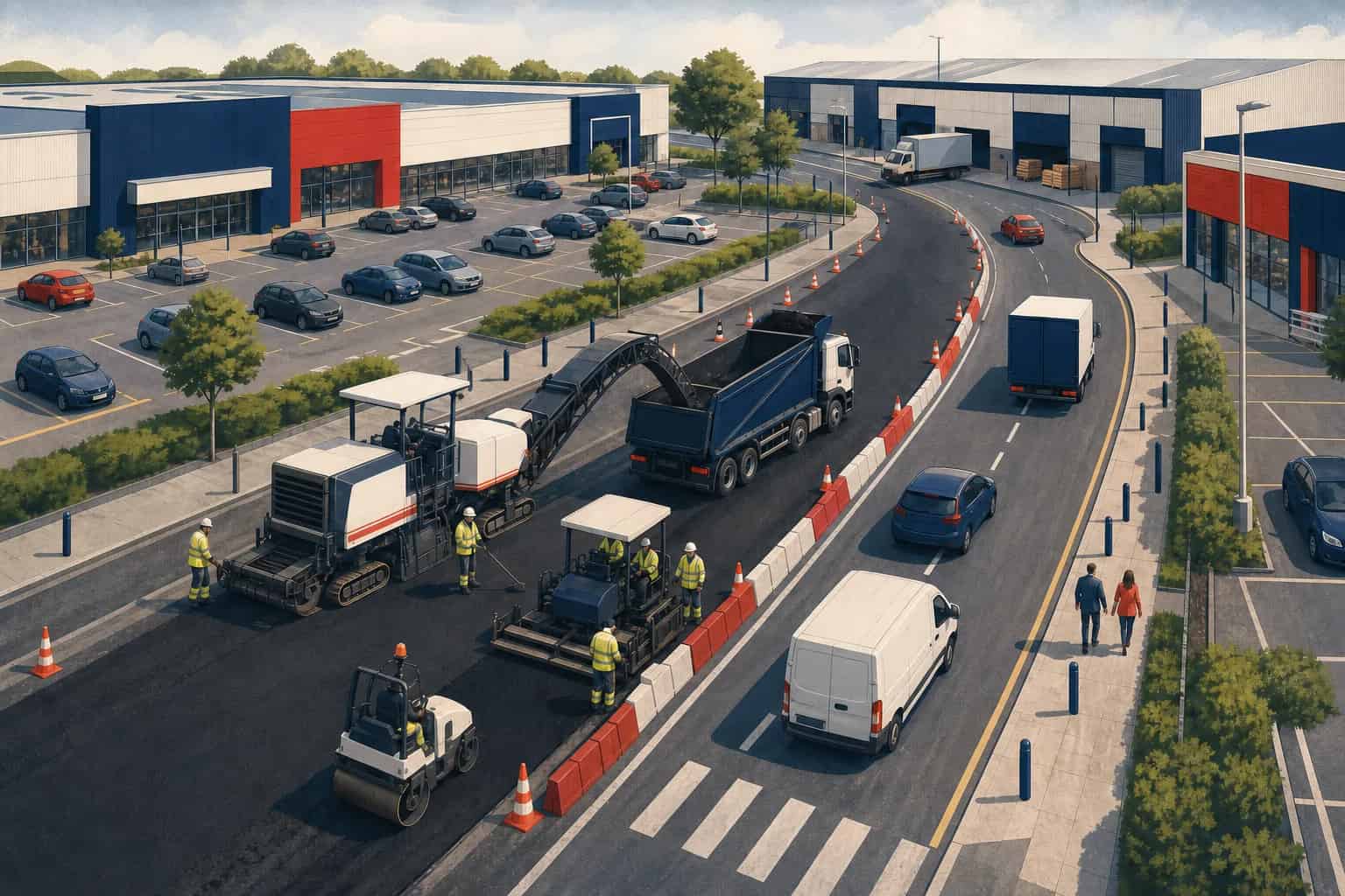 Resurfacing retail parks and industrial estates without losing access