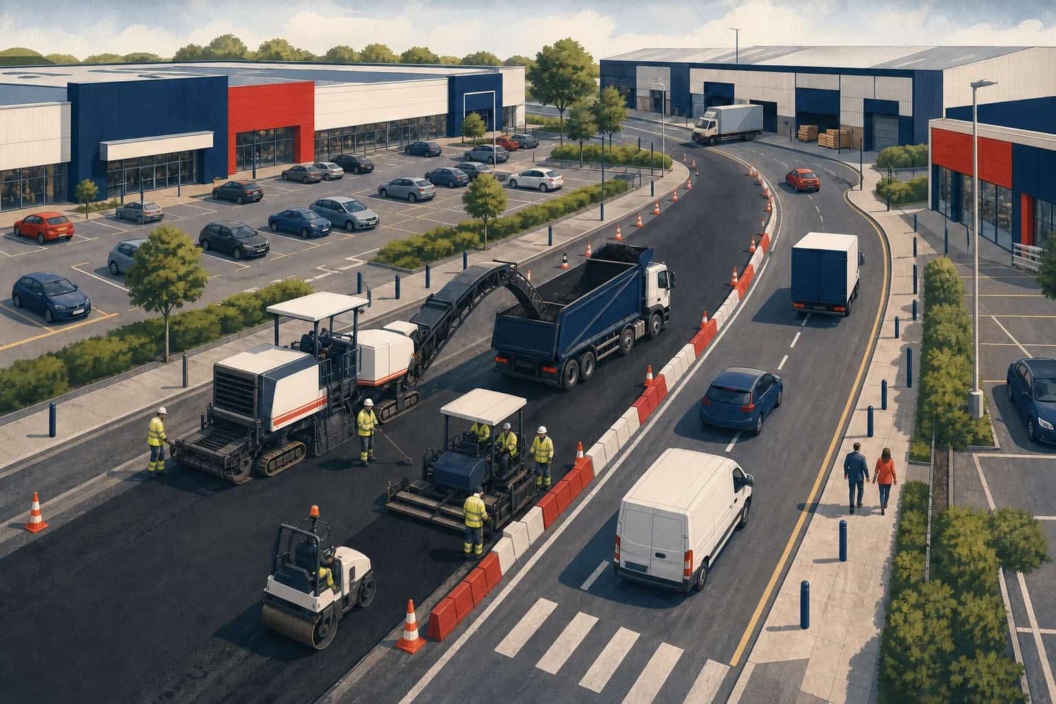 Resurfacing retail parks and industrial estates without losing access
